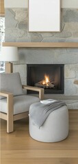 Fototapeta premium Rustic living room exudes warmth with a fireplace, vintage armchair, and a blank picture frame above, creating a welcoming atmosphere