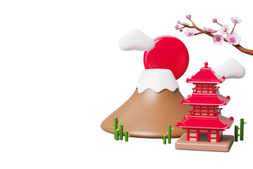 3d Japanese spring landscape with fuji mountain, pagoda, pink cherry blossom, bamboo, red sun, clouds. Travel banner with japan landmark and sakura branch on yellow background render