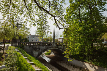 Stone bridge over a river with trees and buildings in the background