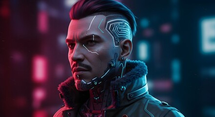 Cyberpunk Man with Futuristic Tech Implant Looking to the Side Portrait