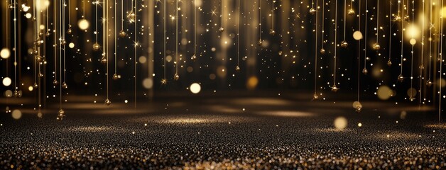 Soft golden light particles fall against a black backdrop, creating a luxurious atmosphere ideal for elegant events or celebrations