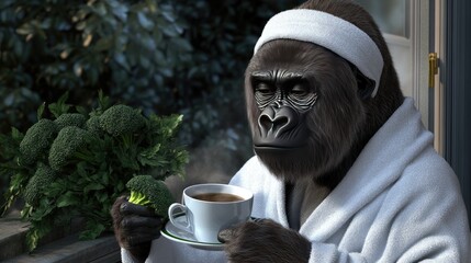 Obraz premium Gorilla sits comfortably on a balcony, sipping coffee and snacking on broccoli while dressed in a bathrobe and towel