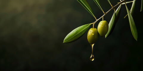 Olives on a brach, with a luxurious drip of olive oil coming from it, against a clean dark background