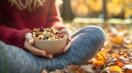 Person sitting outside with a small bowl of nuts and dried fruit for a mindful snack