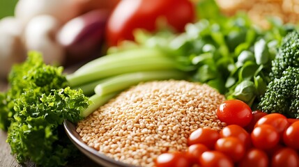 Balanced portion of whole grains and fresh vegetables arranged on a plate for mindful consumption