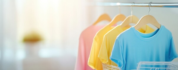Colorful t-shirts on hangers displayed in bright sunlit room