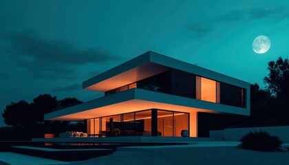 Modern house at night with pool
