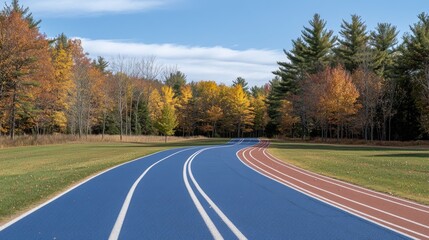 Bright blue running track contrasted by autumn trees under a clear sky, showcasing a serene outdoor setting perfect for exercise