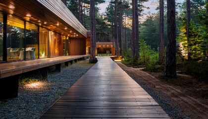 Obraz premium Serene forest retreat with modern cabins and illuminated pathway