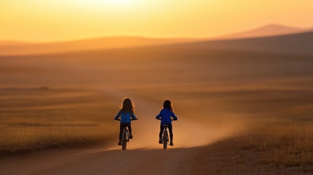 Two young girls riding bikes at sunset on dirt road in desert landscape