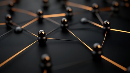 Interconnected metallic spheres with glowing lines on dark surface