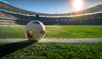 A soccer ball on the field of a stadium with a light background. The image is in sharp focus, with