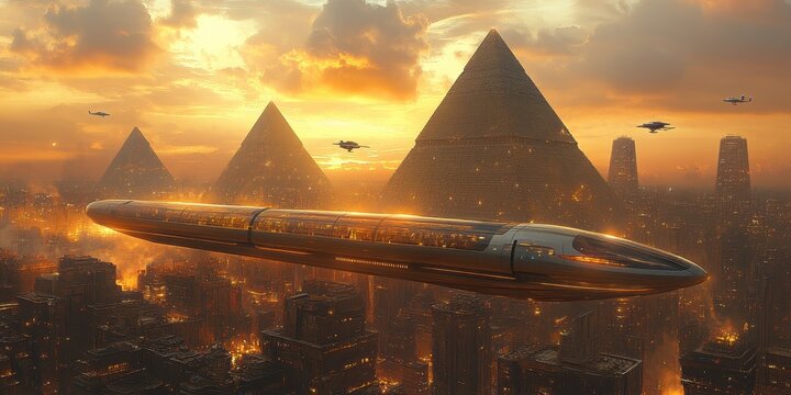 Ancient Wonders: A fusion of the ancient world and futuristic technology, showcasing pyramids against a vibrant, sunset-lit sky, with a sleek, streamlined vessel gliding overhead.