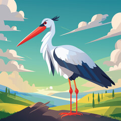 Stork in a Breathtaking Natural Landscape, vector illustration