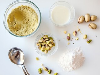 A close-up shot displays an assortment of pistachio ingredients artfully arranged, perfect for culinary exploration.