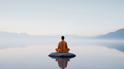 Asian male in meditation on rock amid serene lake with mountain view