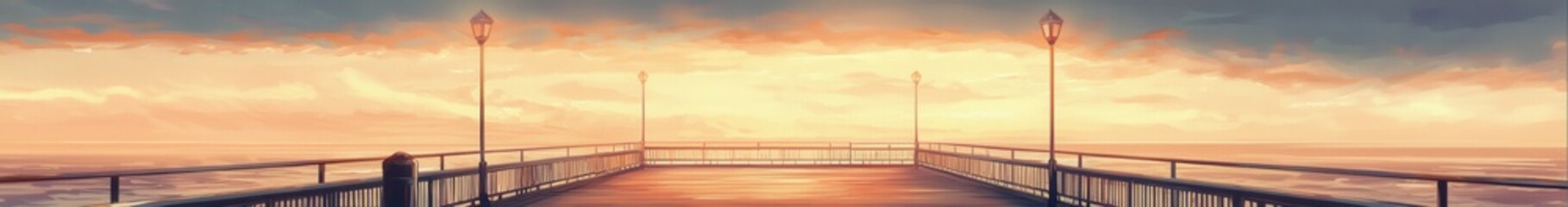 Naklejka premium Pier extending into calm ocean at golden sunset, reflecting tranquil sky and sea, symbolizing peace and mindfulness. Perfect for travel banners, anime art, and serene digital landscapes.