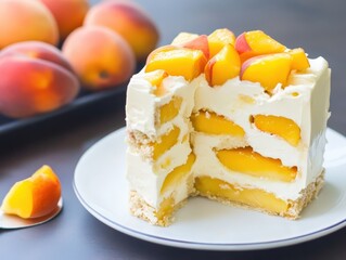 A delectable peach cake, cut to reveal layers of creamy filling and fresh peaches, evoking feelings of comfort, indulgence, and seasonal sweetness.
