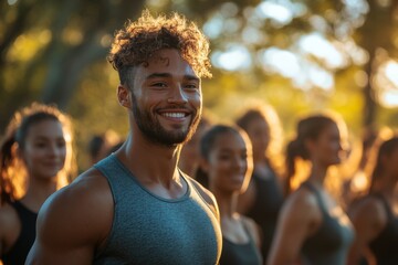 A fitness coach motivates a group of participants in a park boot camp, where morning sunlight enhances the atmosphere of teamwork and energy as they exercise Generative AI