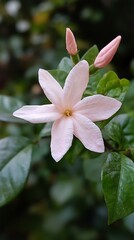 Closeup Light Pink Jasmine Flower, Five Petals and Buds Against Natural Greenery