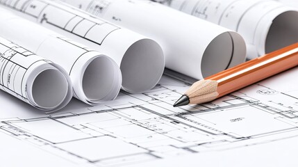 Close-up view of construction blueprints, highlighting design details with a pencil, illustrating a home building project