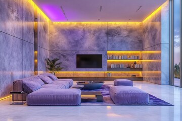 Modern living room with led strip lights. Contemporary house interior with comfortable sofa, table, bookshelf, tv. Stylish apartment design illuminated by blue, purple, yellow neon light, create cozy
