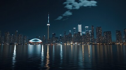 Obraz premium City skyline illuminated by lights at night, reflecting on the calm lake waters under a dark blue sky, creating a stunning visual impact