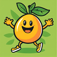 A cartoon lemon mascot with two hands raised in the air, running happily on a green background. The character has black eyes and an open mouth, smiling. It is wearing orange that cover its body from h