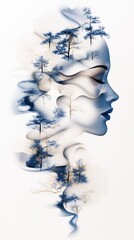 A surreal illustration merges a girl's profile with trees and fire, using vibrant blues to evoke deep emotions