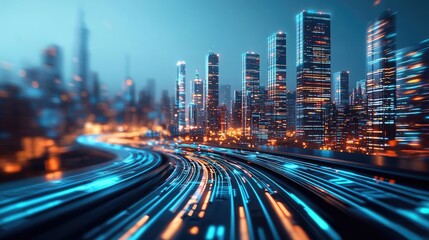 Fototapeta premium Motion blur city featuring future panorama and cyberspace landscape concept. Night view of a vibrant city skyline with moving lights.