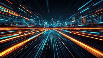 Fototapeta premium Motion blur city in digital cyberspace with future skyline concept. Dynamic cityscape with streaks of light illustrating motion.