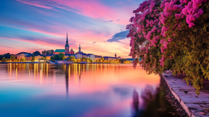 Fototapeta premium Vibrant sunset over a picturesque lakeside town with colorful buildings and reflections in still water