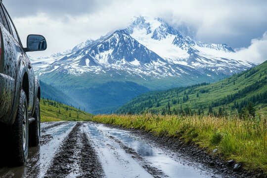A car pulls over on a rugged muddy road, revealing breathtaking views of snow-capped mountains and vibrant green valleys under a cloudy sky Generative AI
