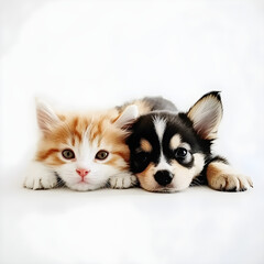 Obraz premium A cute kitten and puppy lying side by side on a white background, a cute pet wallpaper, a cute animal wallpaper, high-definition photography.