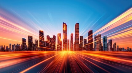 Motion blur city featuring futuristic cityscape and cyberspace skyline concept. Dynamic city skyline at sunset with vibrant colors and light trails.
