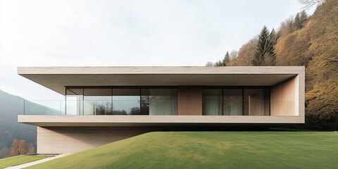 Fototapeta premium Modern minimalist concrete and wood house on the hill, surrounded by a green grass field.