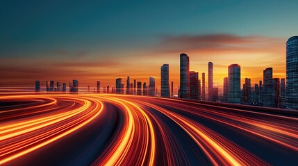 Fototapeta premium Motion blur city featuring future panorama and cyberspace landscape concept. Dynamic cityscape capturing light trails at sunset.