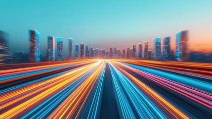 Fototapeta premium Motion blur city featuring futuristic cityscape and cyberspace skyline concept. Dynamic cityscape with vibrant light trails and urban skyline.