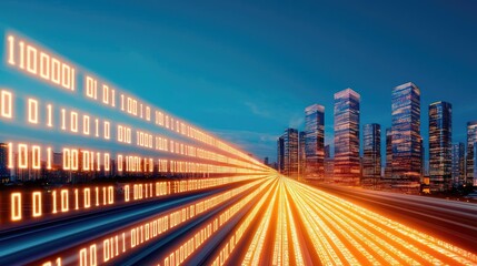 Fototapeta premium Motion blur city featuring future panorama and cyberspace landscape concept. Futuristic cityscape with digital binary data transformation.