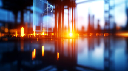 Futuristic technology with glowing elements and digital graphics in urban setting.