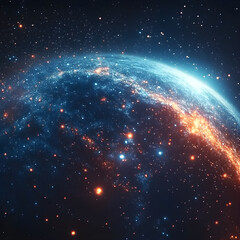 Obraz premium A glowing blue and orange light is shining on the Earth, with light particles, a space background, stars, a galaxy, and a planet.
