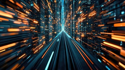 Motion blur city in digital cyberspace with future skyline concept. Futuristic cityscape with glowing lights and speed visual effects.