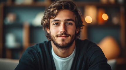 Fototapeta premium Handsome young businessman sitting in a restaurant with a serious expression, smiling casually while looking at the camera, with a beard and stylish hair
