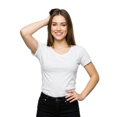 Fototapeta premium pretty girl smiling model pose wearing white t-shirt black jeans to create mockups