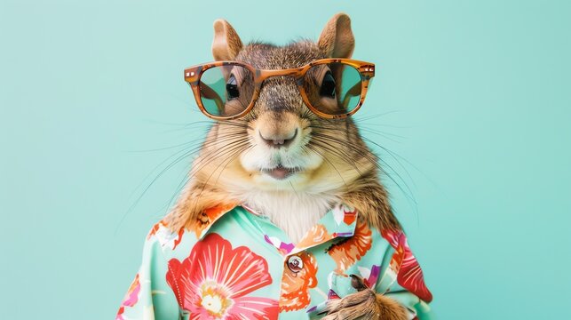A squirrel wearing sunglasses and a hawaiian shirt is standing on a blue background. The squirrel is looking at the camera with a curious expression.
