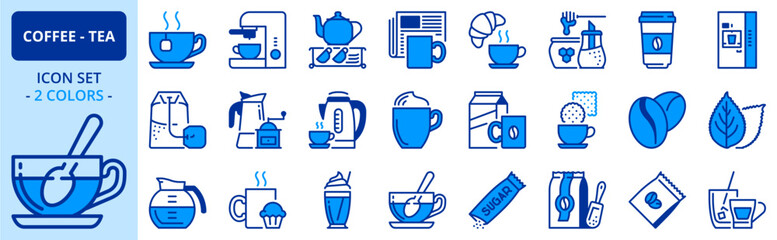 Icons in two colors about coffee and tea