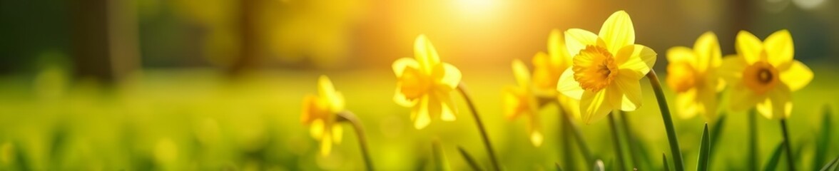 Fototapeta premium Close-up of blooming daffodils under warm sun rays in a field of green grass, daffodils, sun rays