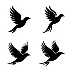 A set of vector birds in flight including doves, pigeons, and eagles with wings spread, designed in black silhouette style for a clean, nature-inspired tattoo or icon illustration