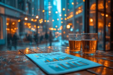 Two glasses of craft beer sit on a wooden table beside financial charts. The vibrant cityscape glows with warm lights during a rainy evening Generative AI