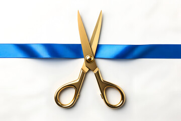 Golden Scissors Cutting blue Satin Ribbon – Grand Opening Ceremony Close-Up